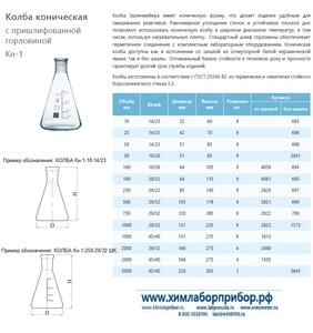 Колба коническая Эрленмейера со шлифом Кн-1-50-14/23, 50 мл без шкалы Колба коническая Эрленмейера со шлифом Кн-1-50-14/23, 50 мл без шкалы